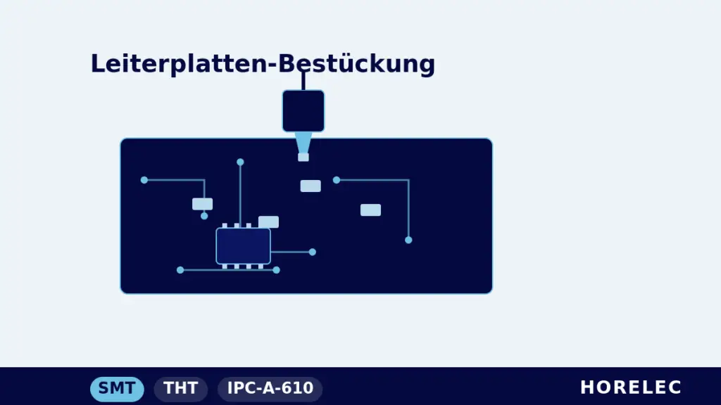 Leiterplattenbestückung – Grundlagen: Bestückungskopf setzt SMT-Bauteile auf eine Leiterplatte bei HORELEC