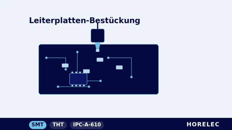 Leiterplattenbestückung – Grundlagen: Bestückungskopf setzt SMT-Bauteile auf eine Leiterplatte bei HORELEC