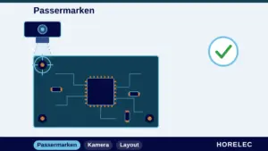 Passermarken: Kamera der Bestückungsmaschine erfasst die Passermarke auf der Leiterplatte, drei Passermarken in den Ecken
