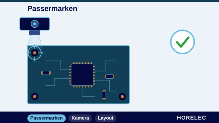 Passermarken: Kamera der Bestückungsmaschine erfasst die Passermarke auf der Leiterplatte, drei Passermarken in den Ecken
